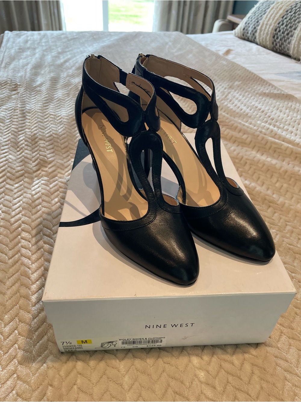 Nine West Black Cutout T-Strap Pointed-Toe Heels
